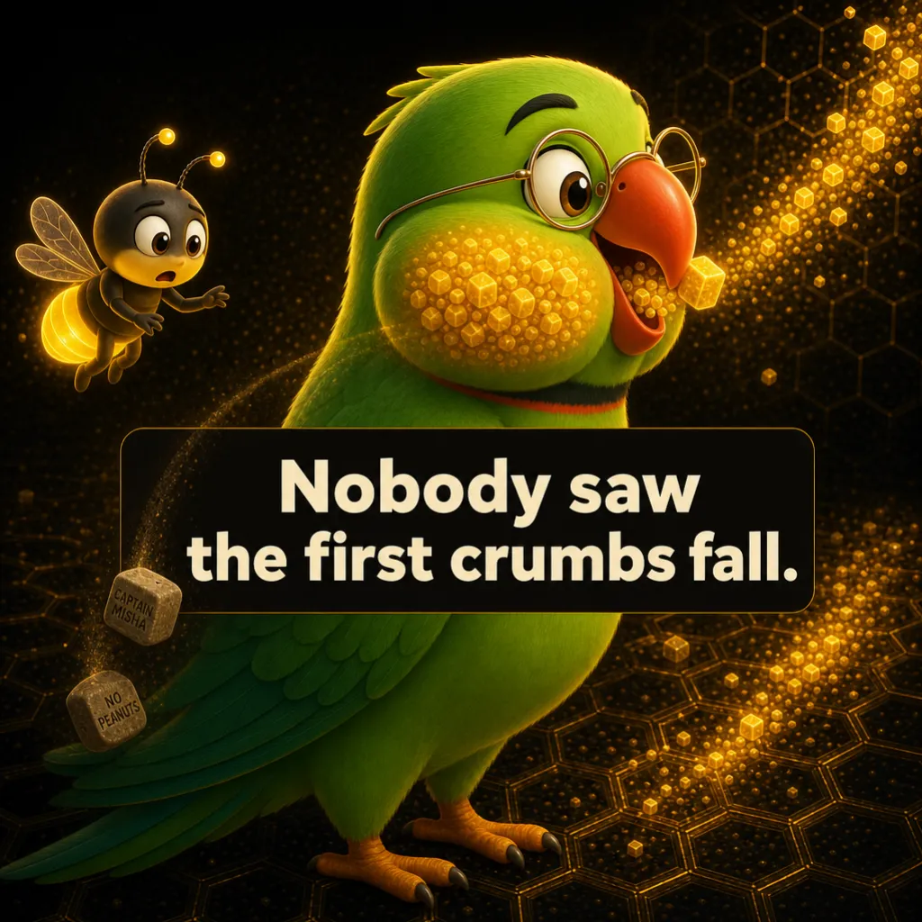 A fresh crumb goes into Mithu’s beak while two dimmed grey crumbs — labelled CAPTAIN MISHA and NO PEANUTS — tumble away behind his tail, Jugnu watching in alarm. Caption: “Nobody saw the first crumbs fall.”