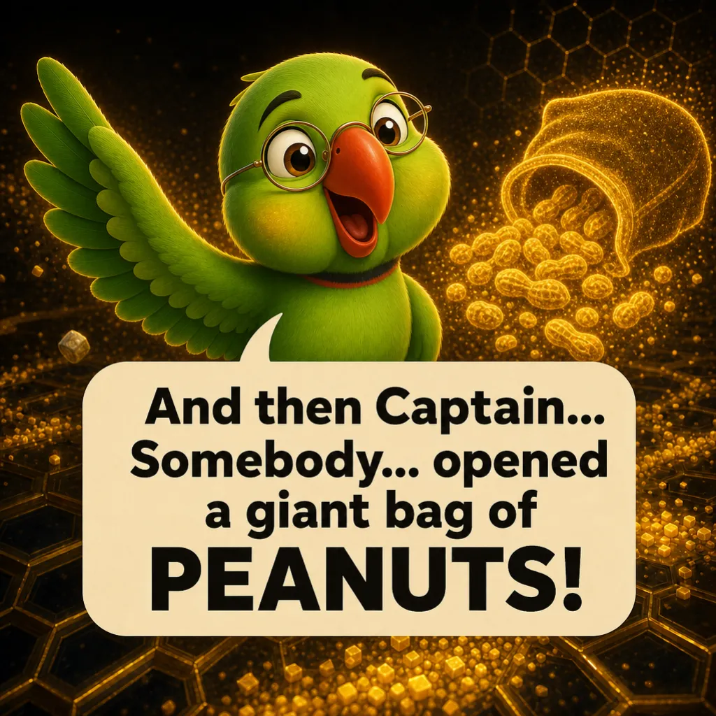 Mithu mid-flourish, entirely innocent. Mithu: “And then Captain… Somebody… opened a giant bag of PEANUTS!”