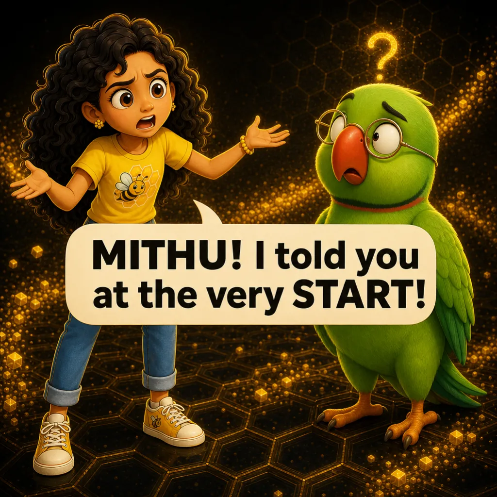 Misha rounds on him, hurt. Misha: “MITHU! I told you at the very START!” Mithu blinks, confused rather than sheepish — there is nothing left to check against.