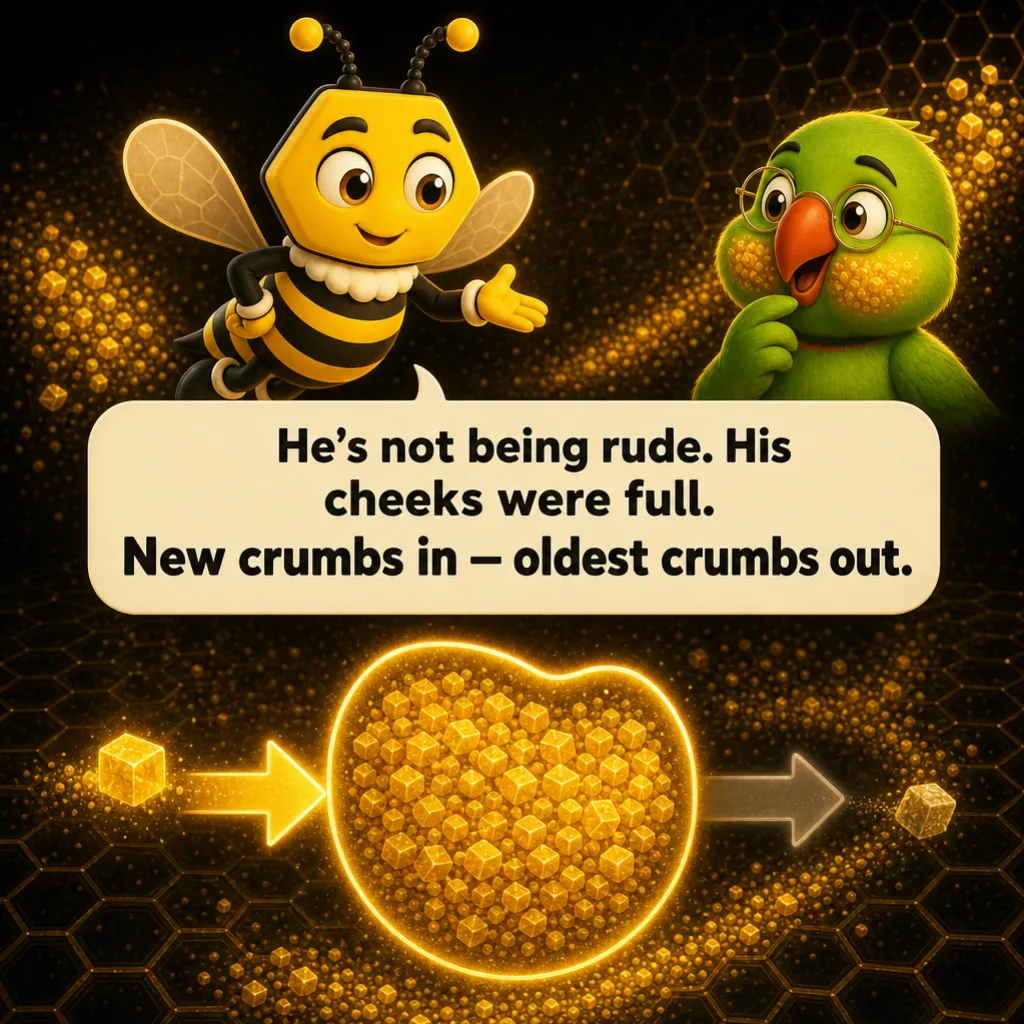 Buzzy explains calmly. Buzzy: “He's not being rude. His cheeks were full. New crumbs in — oldest crumbs out.”