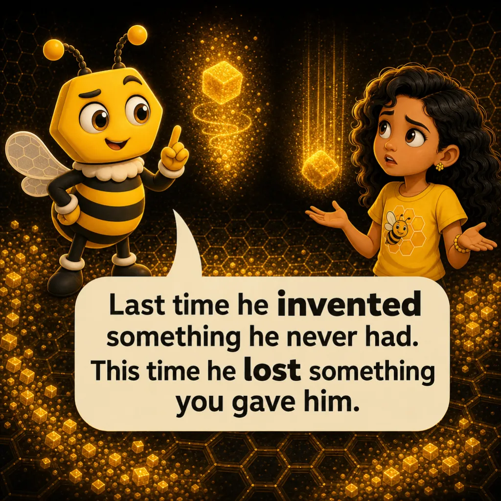 Misha turns to Buzzy with her palms open as two crumbs drop through the air between them. Buzzy: “Last time he invented something he never had. This time he lost something you gave him.”