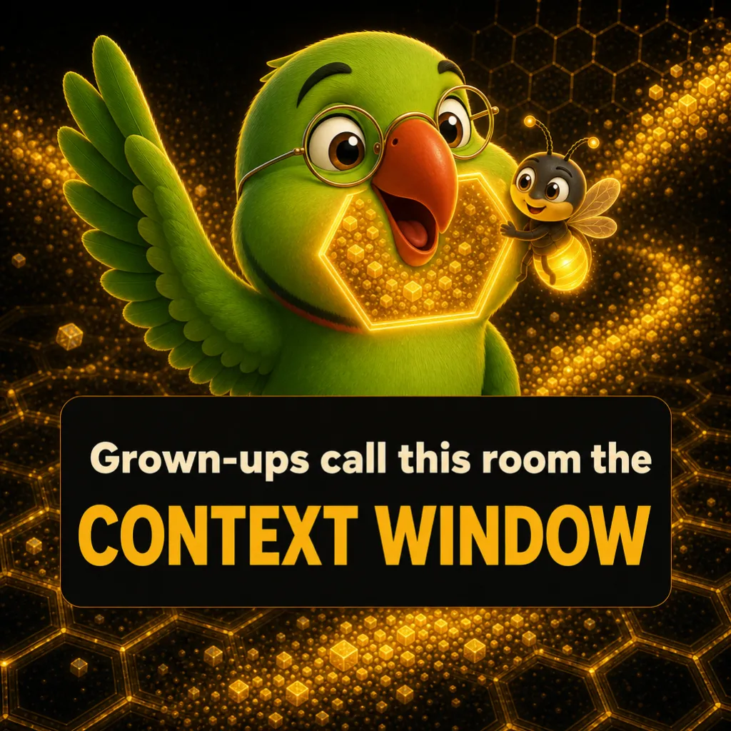 A glowing hexagonal window sits over Mithu’s chest, packed with crumbs, Jugnu hovering brightly beside it. Caption: “Grown-ups call this room the CONTEXT WINDOW.”