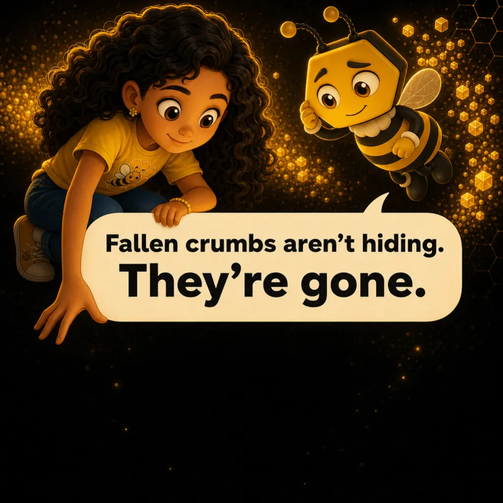 Misha crouches to the honeycomb floor, hand outstretched, searching for what fell, while Buzzy hovers above her. Buzzy: “Fallen crumbs aren’t hiding. They’re gone.”
