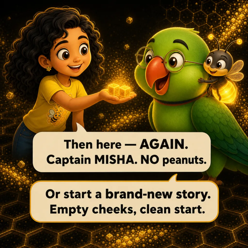 Misha holds out two fresh golden crumbs to Mithu, Jugnu lit up on his shoulder. Misha: “Then here — AGAIN. Captain MISHA. NO peanuts.” Buzzy: “Or start a brand-new story. Empty cheeks, clean start.”