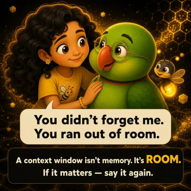 Misha rests a hand on Mithu, warm. Misha: “You didn't forget me. You ran out of room.” Caption: “A context window isn't memory. It's ROOM. If it matters — say it again.”