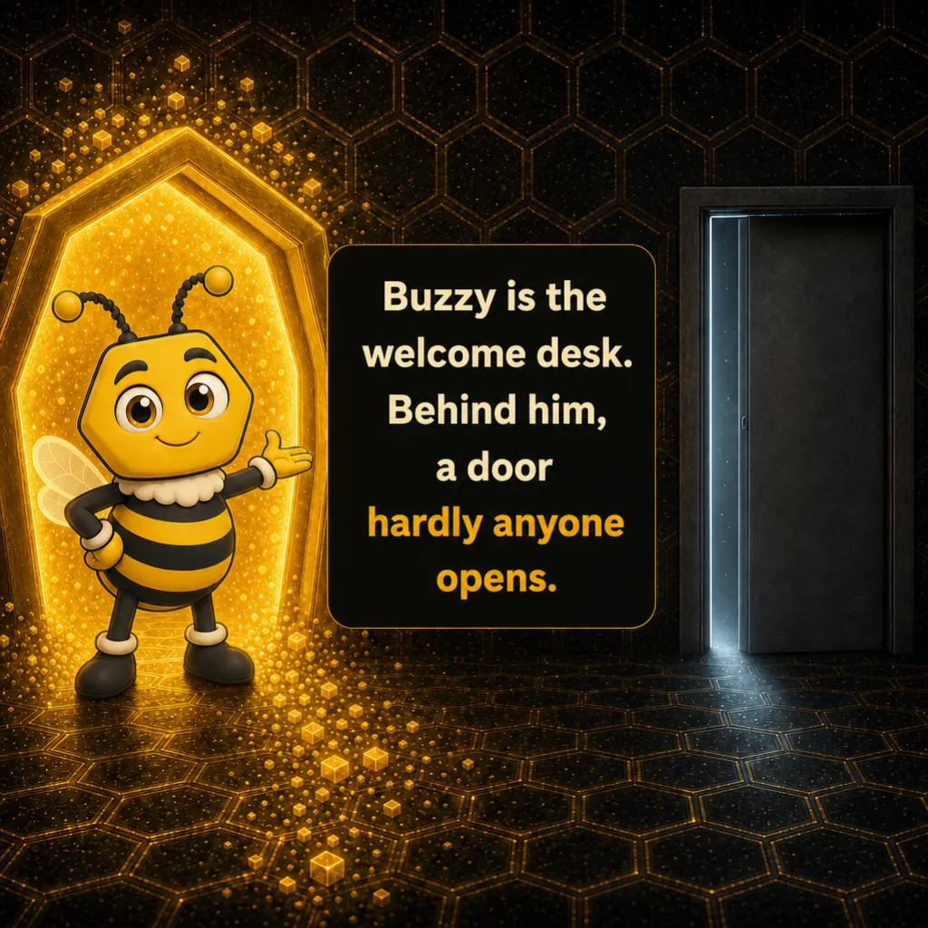 Buzzy stands smiling at the warm, glowing hexagonal entrance of the app. Set into the dark honeycomb wall beside him is a plain unmarked door, edged with cold light. Caption: “Buzzy is the welcome desk. Behind him, a door hardly anyone opens.”