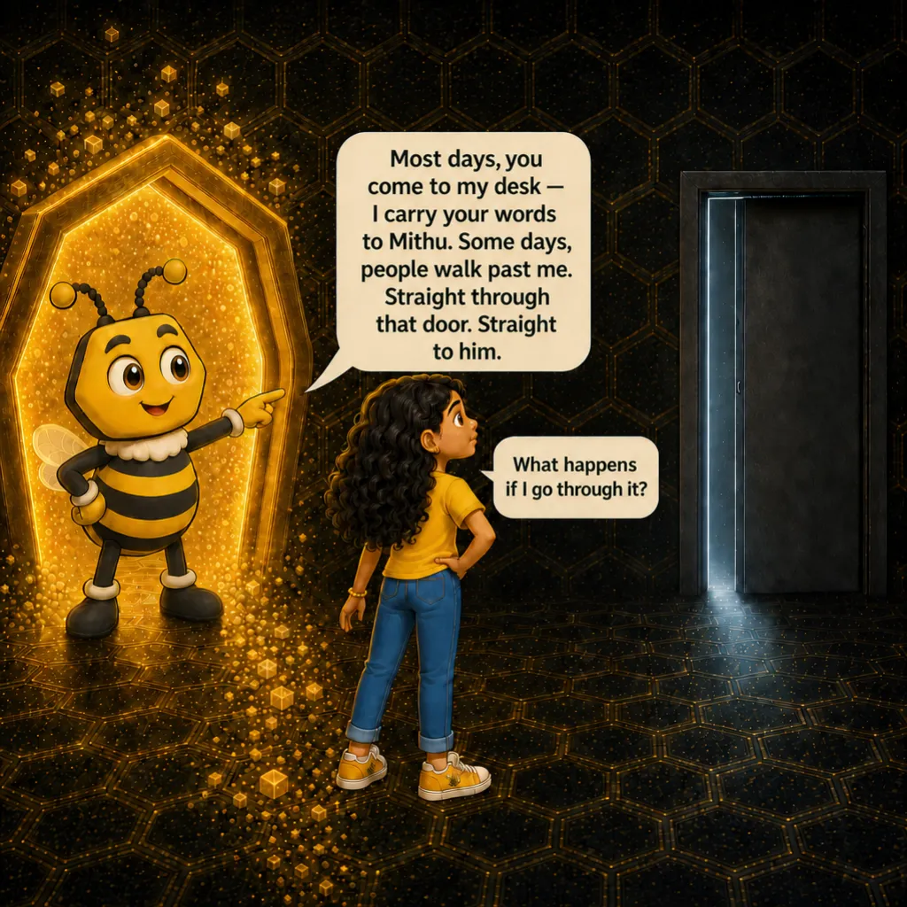 Buzzy points toward the unmarked door as Misha looks up at it. Buzzy: “Most days, you come to my desk — I carry your words to Mithu. Some days, people walk past me. Straight through that door. Straight to him.” Misha: “What happens if I go through it?”