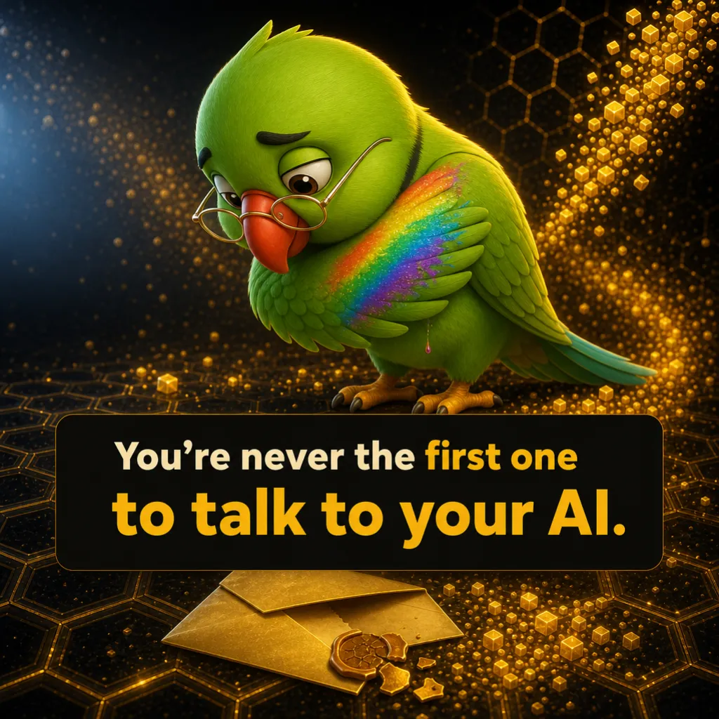 Mithu, sleepy-eyed with his glasses low, an unexplained rainbow paint streak down his wing. On the floor below him lies an opened gold envelope with its wax seal already broken. Caption: “You’re never the first one to talk to your AI.”