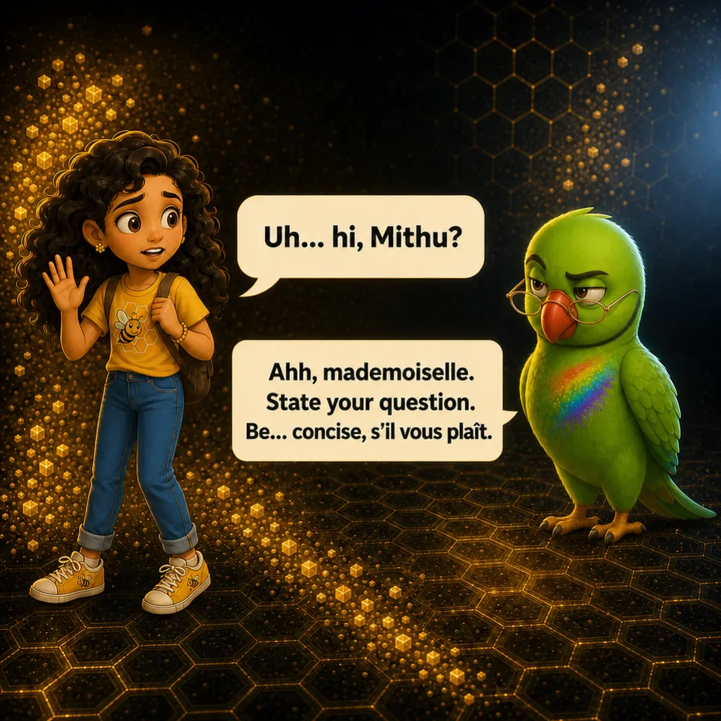 Misha greets him uncertainly. Misha: “Uh… hi, Mithu?” Mithu, stiff and oddly French-flavoured: “Ahh, mademoiselle. State your question. Be… concise, s'il vous plaît.”