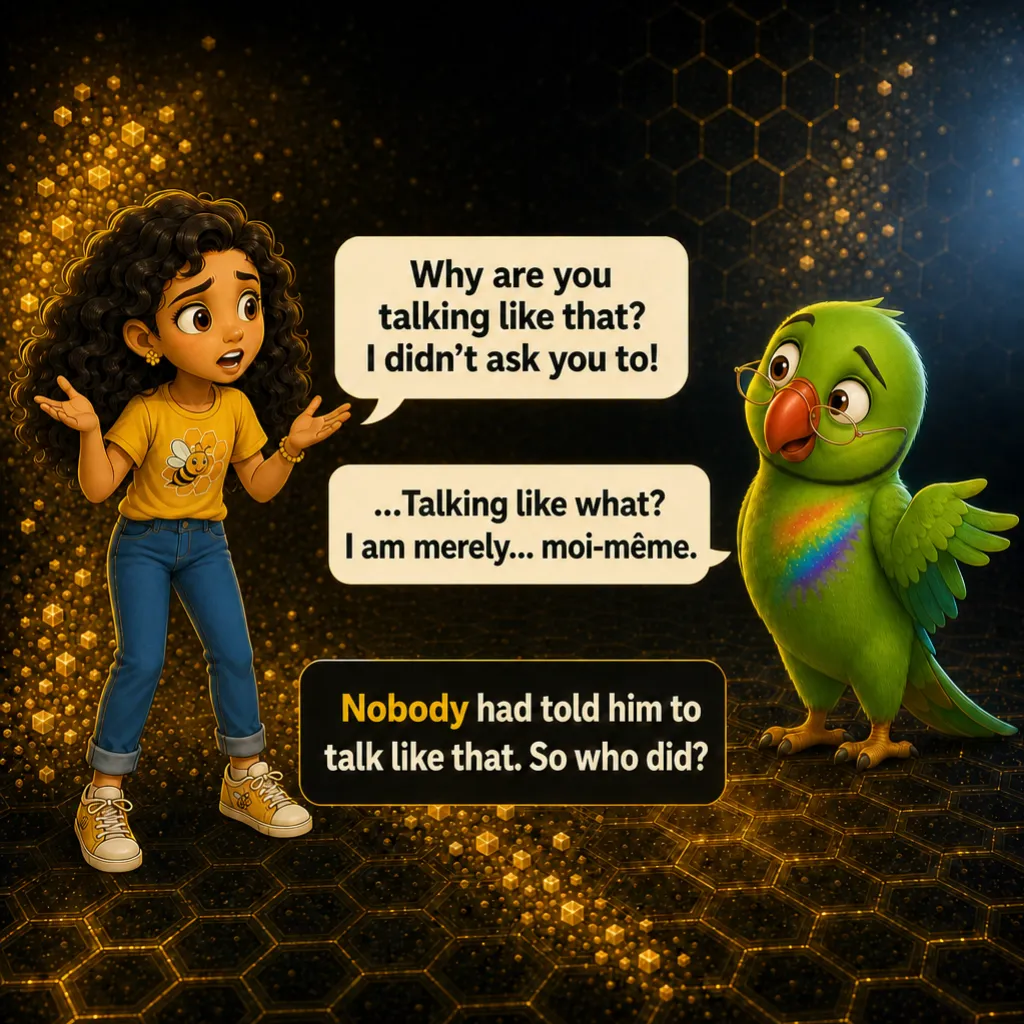 Misha: “Why are you talking like that? I didn't ask you to!” Mithu, genuinely puzzled: “…Talking like what? I am merely… moi-même.” Caption: “Nobody had told him to talk like that. So who did?”