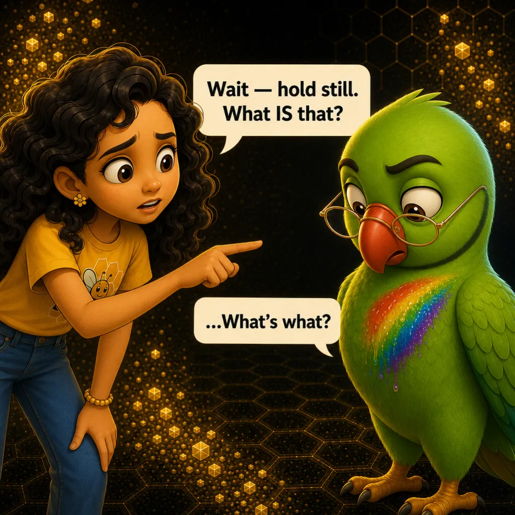 Misha leans in, pointing at a fresh streak of rainbow paint on Mithu's collar, still faintly wet. Misha: “Wait — hold still. What IS that?” Mithu: “…What's what?”