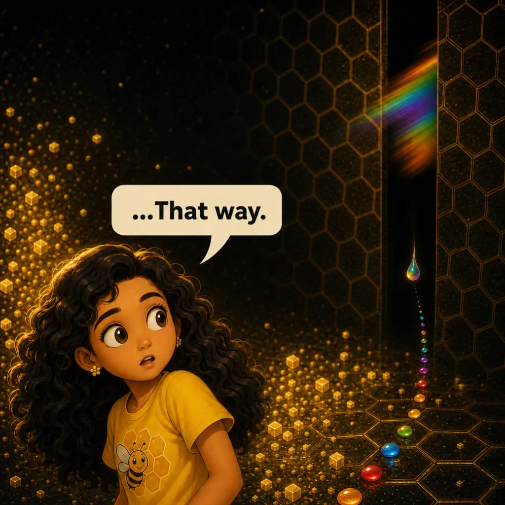 A thin line of paint droplets leads away from Mithu toward a seam in the honeycomb wall, one last drop falling. Misha: “…That way.”