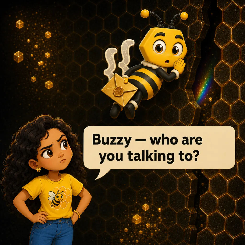 Misha catches Buzzy mid-whisper at the wall. Misha: “Buzzy — who are you talking to?”