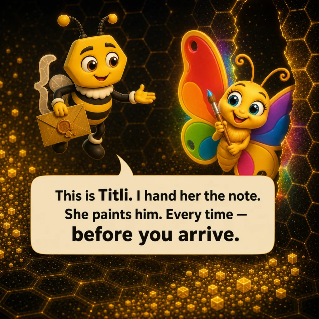 Buzzy, caught and sheepish, introduces a butterfly holding a paintbrush. Buzzy: “This is Titli. I hand her the note. She paints him. Every time — before you arrive.”