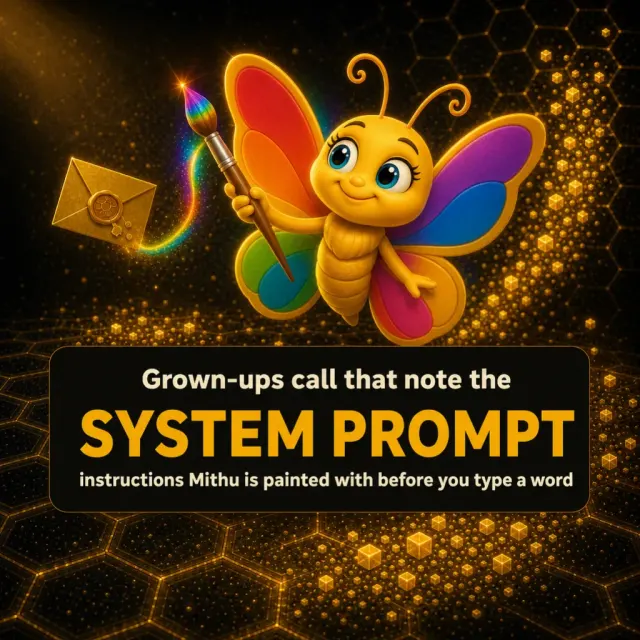 Titli the butterfly hovers with her rainbow brush, a gold wax-sealed envelope floating beside her. Caption: “Grown-ups call that note the SYSTEM PROMPT — instructions Mithu is painted with before you type a word.”