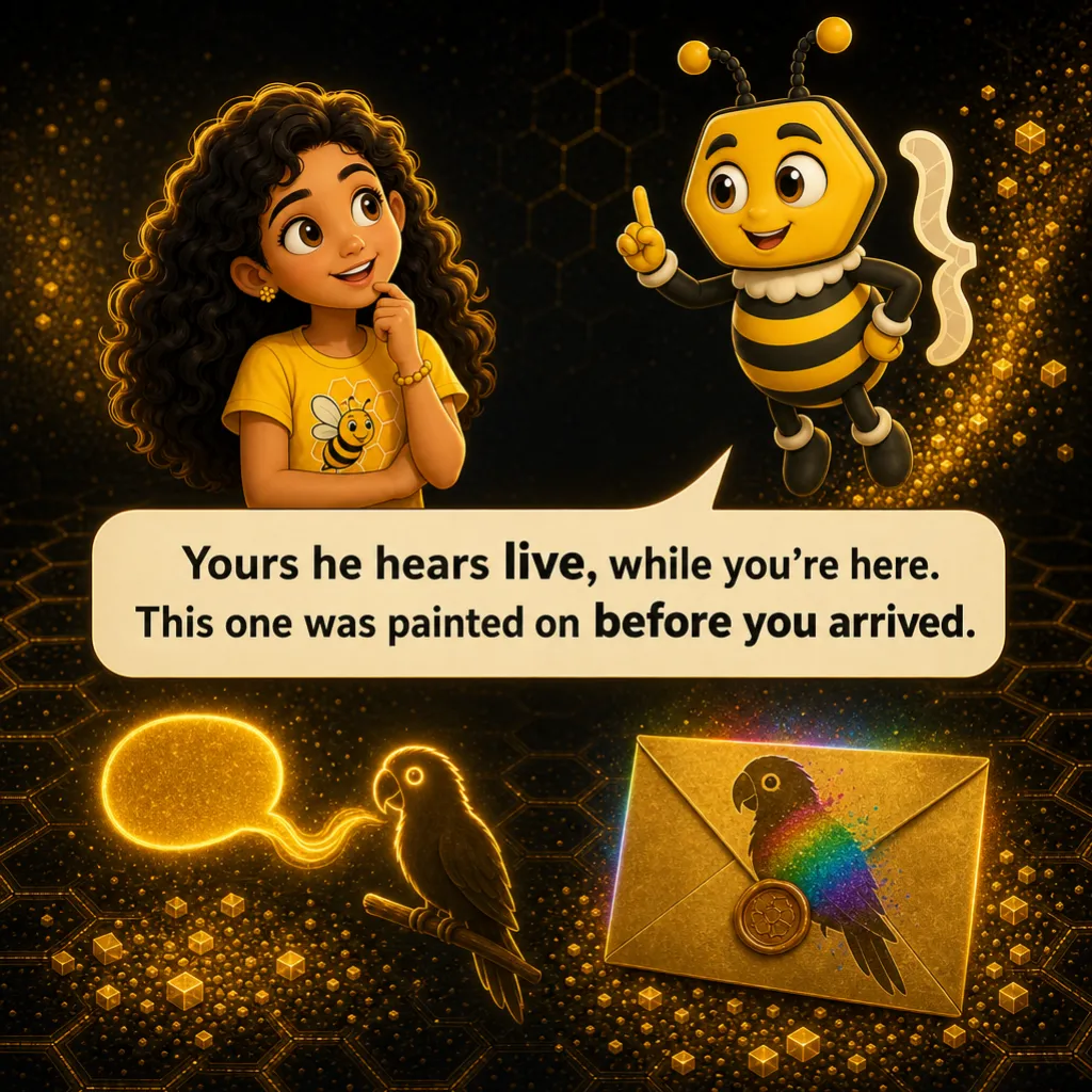 Misha: “Wait — is this the same as when I ask him something?” Buzzy: “Yours he hears live, while you're here. This one was painted on before you arrived.”