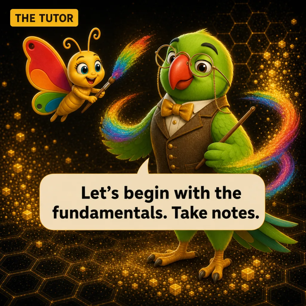 Label: THE TUTOR. Titli paints Mithu into a tweed waistcoat and bow tie, pointer in wing. Mithu: “Let’s begin with the fundamentals. Take notes.”