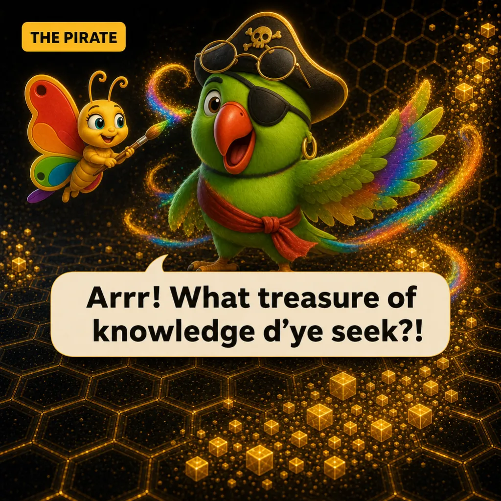 Label: THE PIRATE. Titli paints Mithu into a skull-and-crossbones hat, eyepatch and red sash. Mithu: “Arrr! What treasure of knowledge d’ye seek?!”
