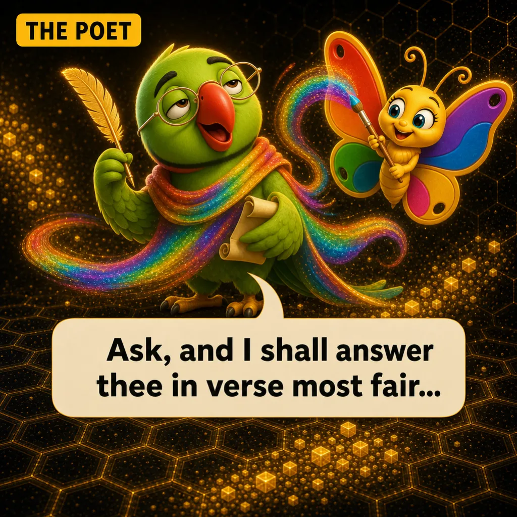 Label: THE POET. Titli paints Mithu into a rainbow scarf with a quill and scroll. Mithu: “Ask, and I shall answer thee in verse most fair…”