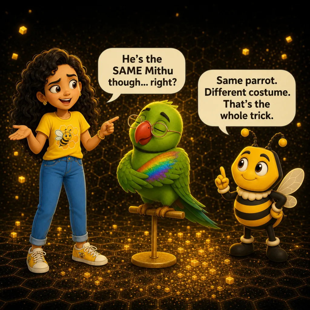 Misha: “He's the SAME Mithu though… right?” Buzzy: “Same parrot. Different costume. That's the whole trick.”