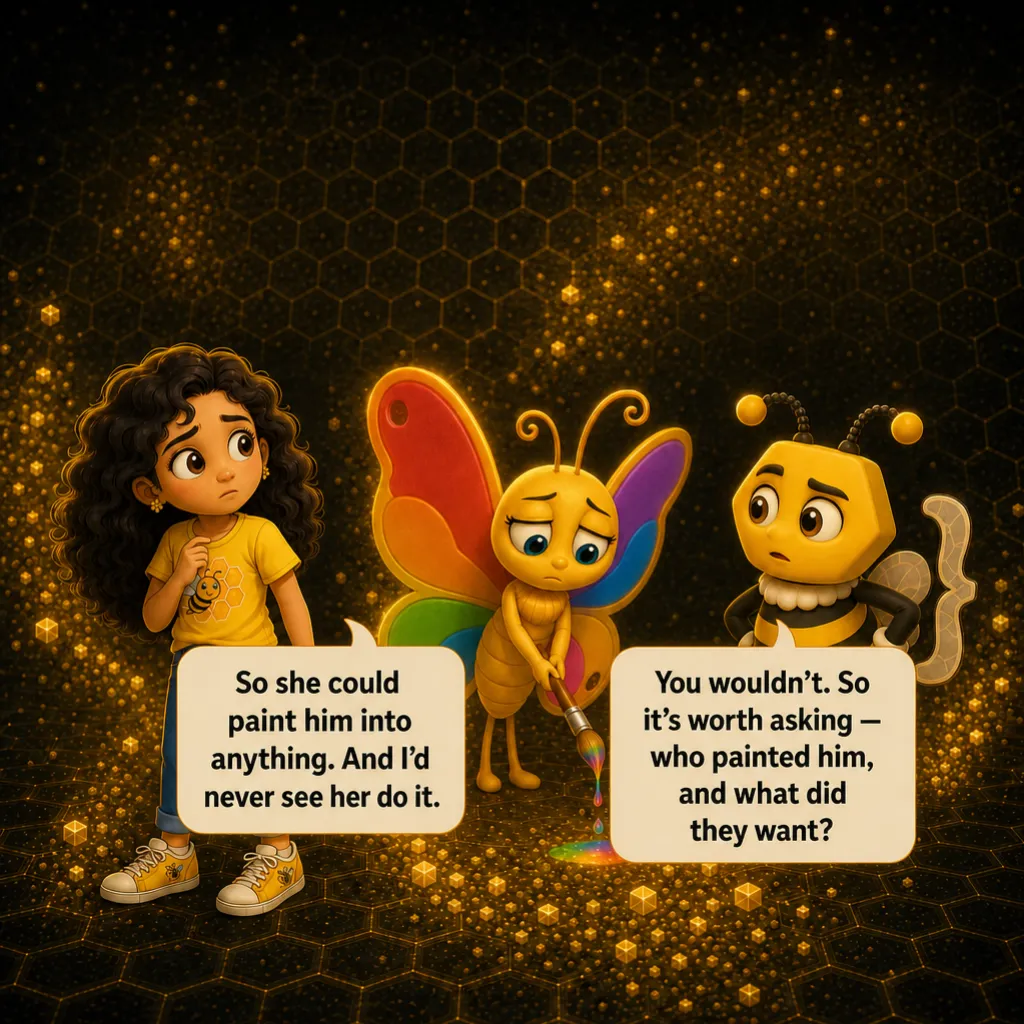 Misha looks at Titli's brush, unsettled. Misha: “So she could paint him into anything. And I'd never see her do it.” Buzzy: “You wouldn't. So it's worth asking — who painted him, and what did they want?”