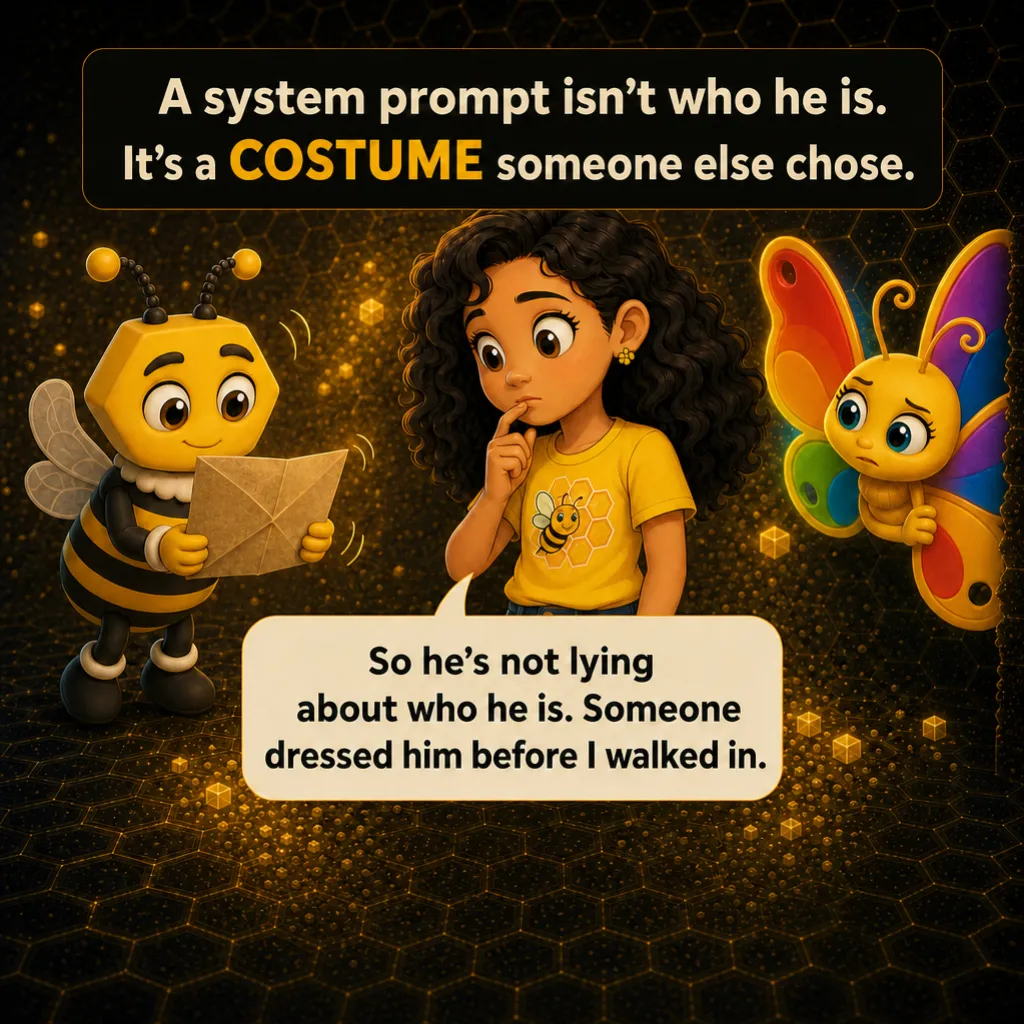 Misha stands with Mithu, understanding settling. Misha: “So he's not lying about who he is. Someone dressed him before I walked in.” Caption: “A system prompt isn't who he is. It's a COSTUME someone else chose.”