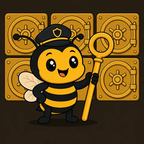 Buzzy the vault keeper holding a golden key